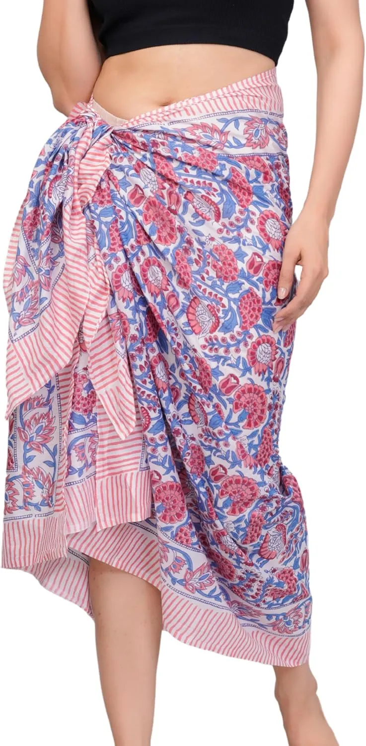 100% Cotton Swimsuit Beach Sarong Cover Ups for Women Swimwear Pareo Indian Hand Block Print Beach Bikini Wrap Skirt