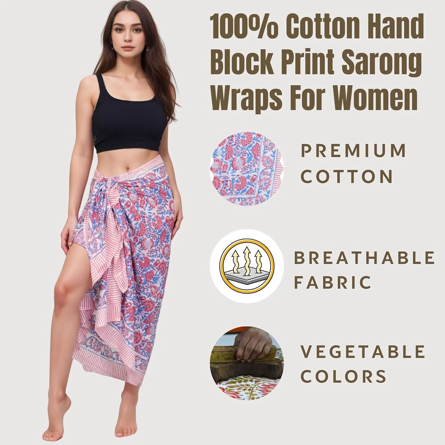 100% Cotton Swimsuit Beach Sarong Cover Ups for Women Swimwear Pareo Indian Hand Block Print Beach Bikini Wrap Skirt