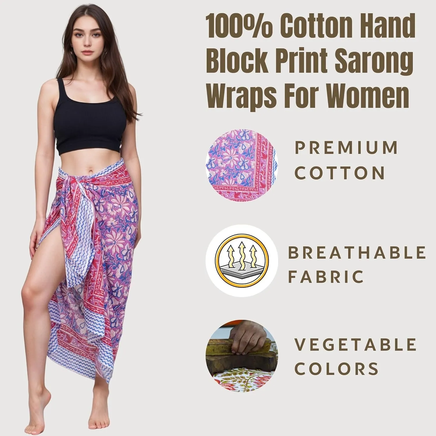 100% Cotton Swimsuit Beach Sarong Cover Ups for Women Swimwear Pareo Indian Hand Block Print Beach Bikini Wrap Skirt