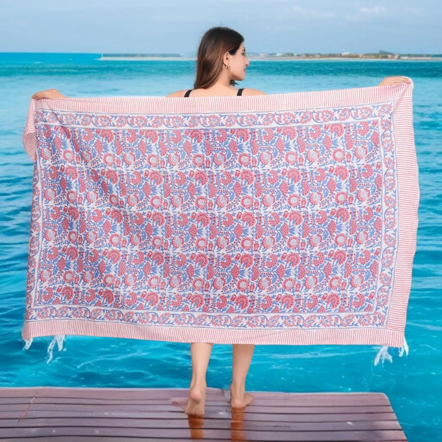 100% Cotton Swimsuit Beach Sarong Cover Ups for Women Swimwear Pareo Indian Hand Block Print Beach Bikini Wrap Skirt