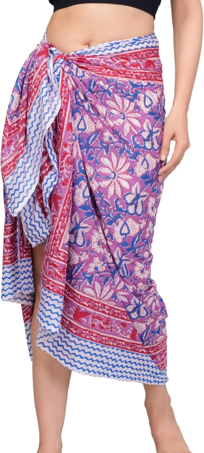 100% Cotton Swimsuit Beach Sarong Cover Ups for Women Swimwear Pareo Indian Hand Block Print Beach Bikini Wrap Skirt