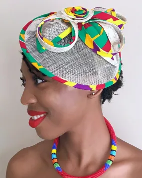 African Print Fascinator Hair Clip Hat - Green/ Red / Yellow