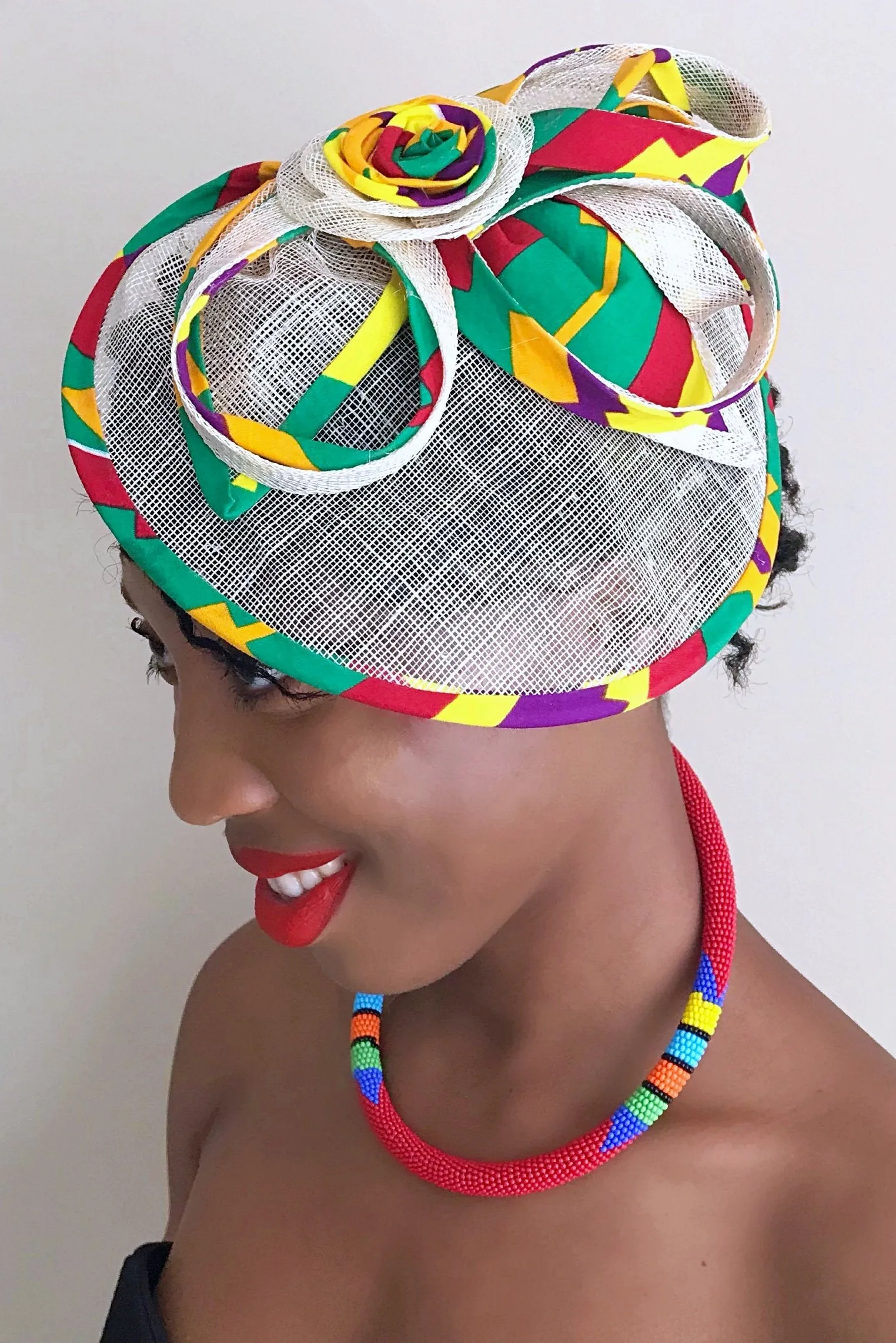 African Print Fascinator Hair Clip Hat - Green/ Red / Yellow