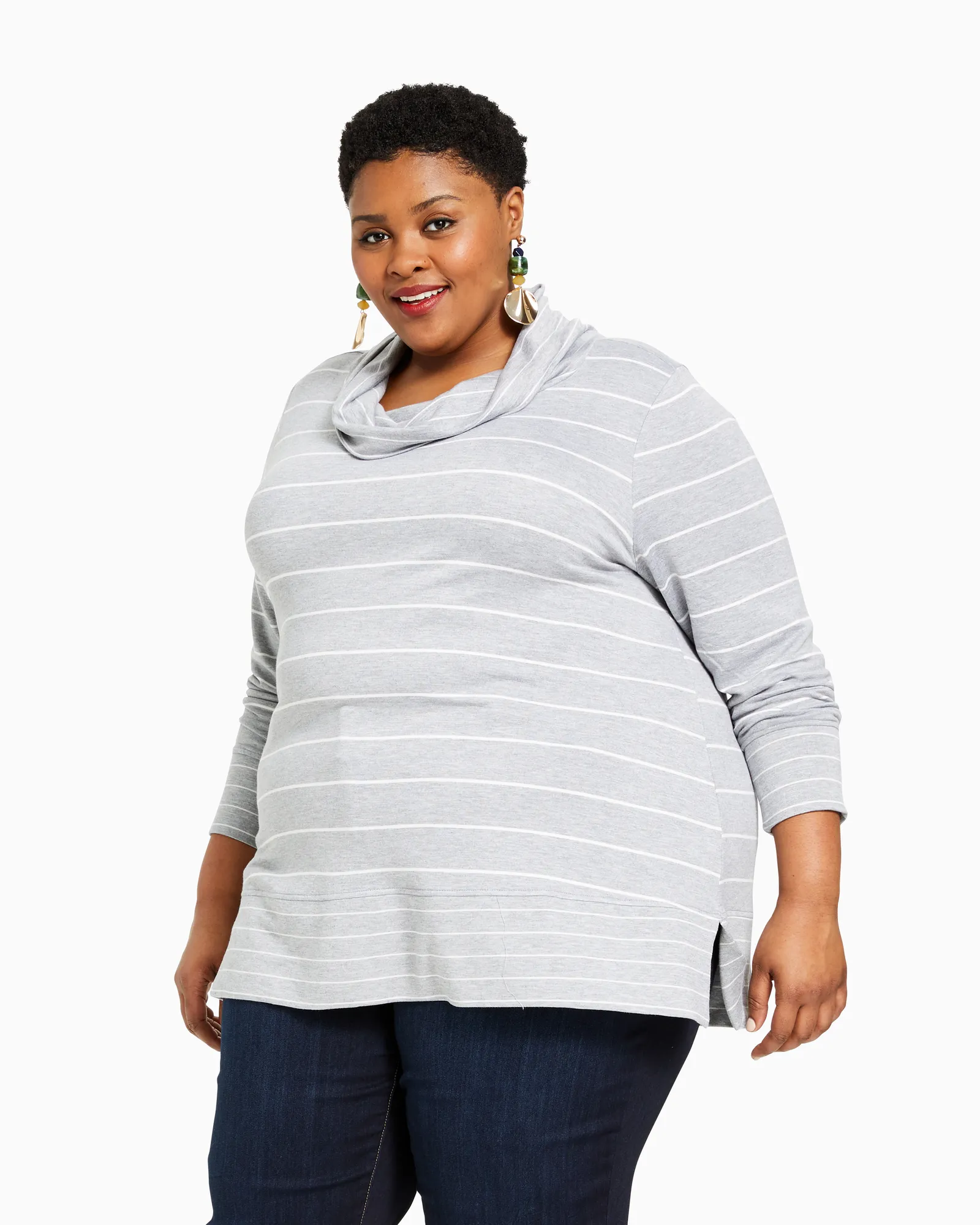 April Cowl Neck Tee | Light Grey / White