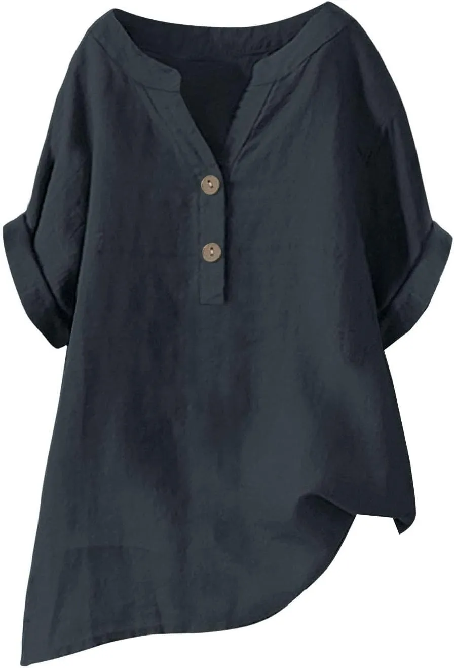 Button Cotton Linen Shirt - Women's 3/4 Sleeve Tee Solid Color Lightweight Breathable Tops for Vacation