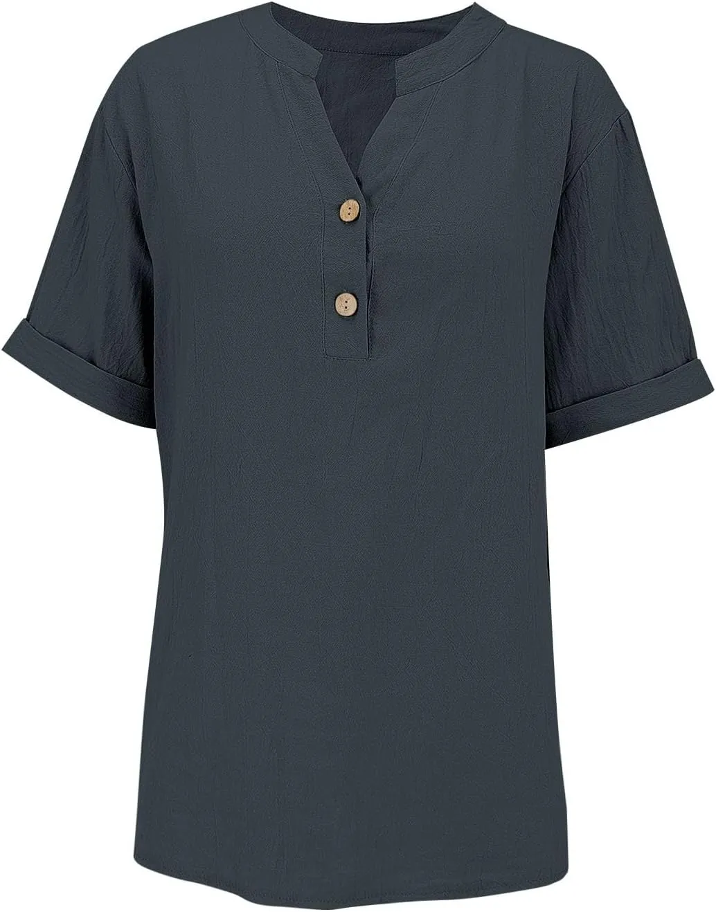 Button Cotton Linen Shirt - Women's 3/4 Sleeve Tee Solid Color Lightweight Breathable Tops for Vacation