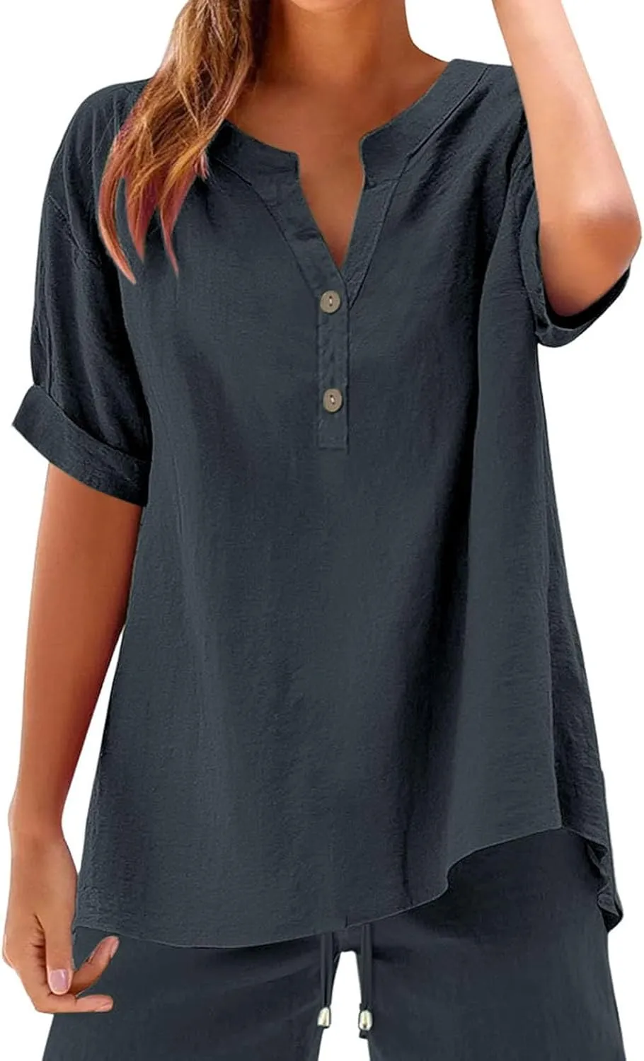 Button Cotton Linen Shirt - Women's 3/4 Sleeve Tee Solid Color Lightweight Breathable Tops for Vacation
