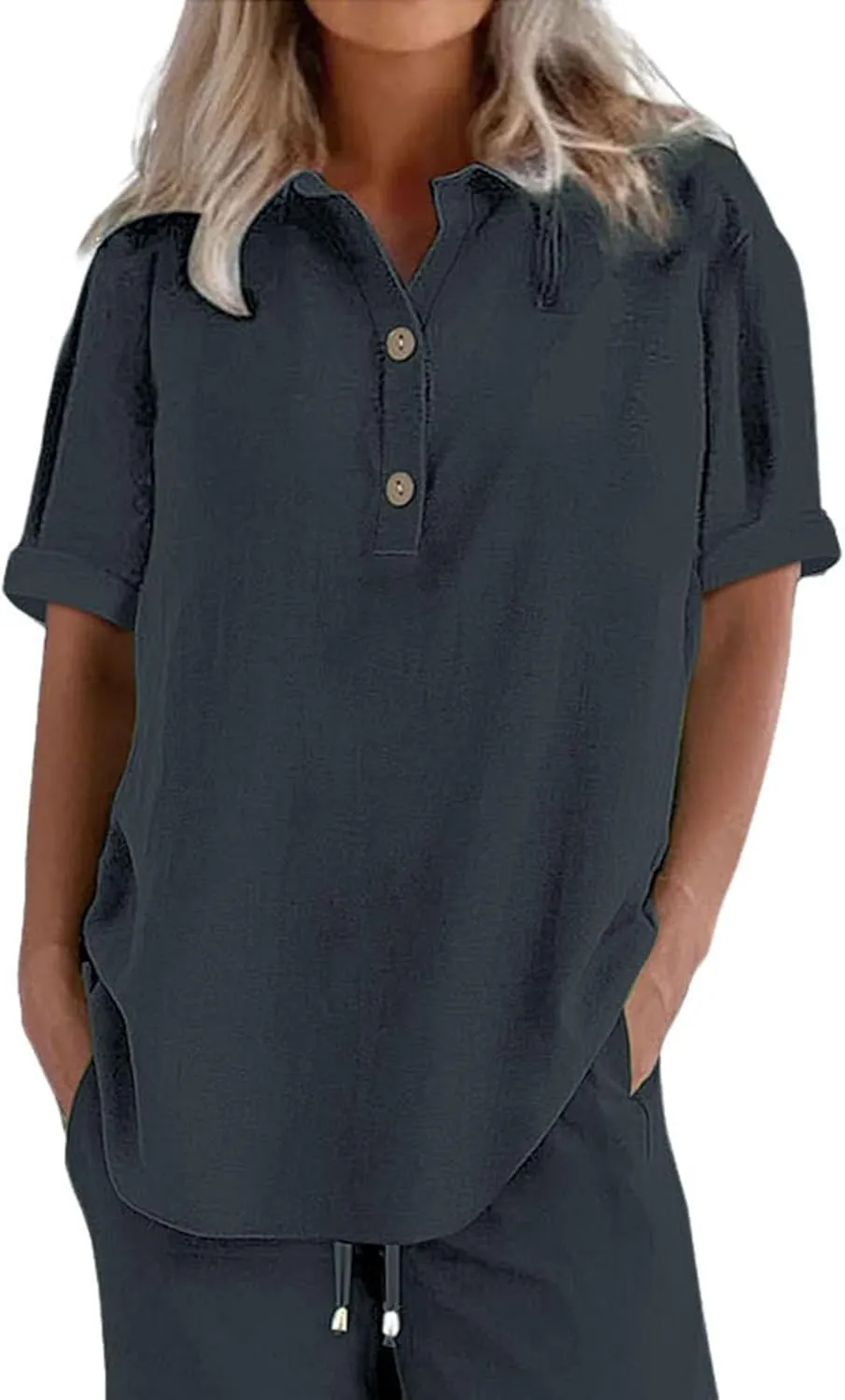 Button Cotton Linen Shirt - Women's 3/4 Sleeve Tee Solid Color Lightweight Breathable Tops for Vacation