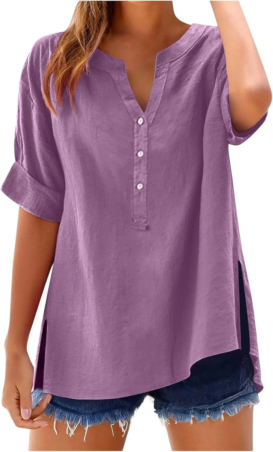 Cbcbtwo Womens Short Sleeve Linen Henley Tops 2025 V Neck Dressy Casual Loose Fit Shirts Summer Going Out Flowy Blouses
