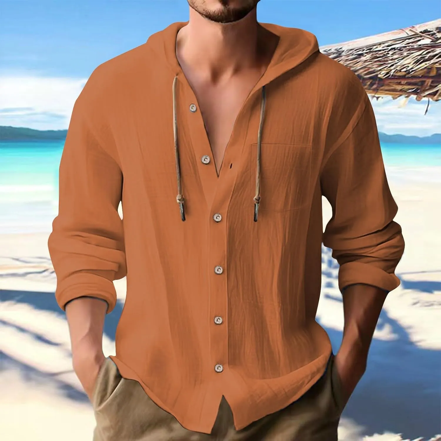 Cotton Linen Hoodies for Men Casual Lightweight Breathable Long Sleeve Button Down Hooded Beach Hippie T Shirts