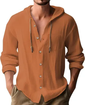 Cotton Linen Hoodies for Men Casual Lightweight Breathable Long Sleeve Button Down Hooded Beach Hippie T Shirts