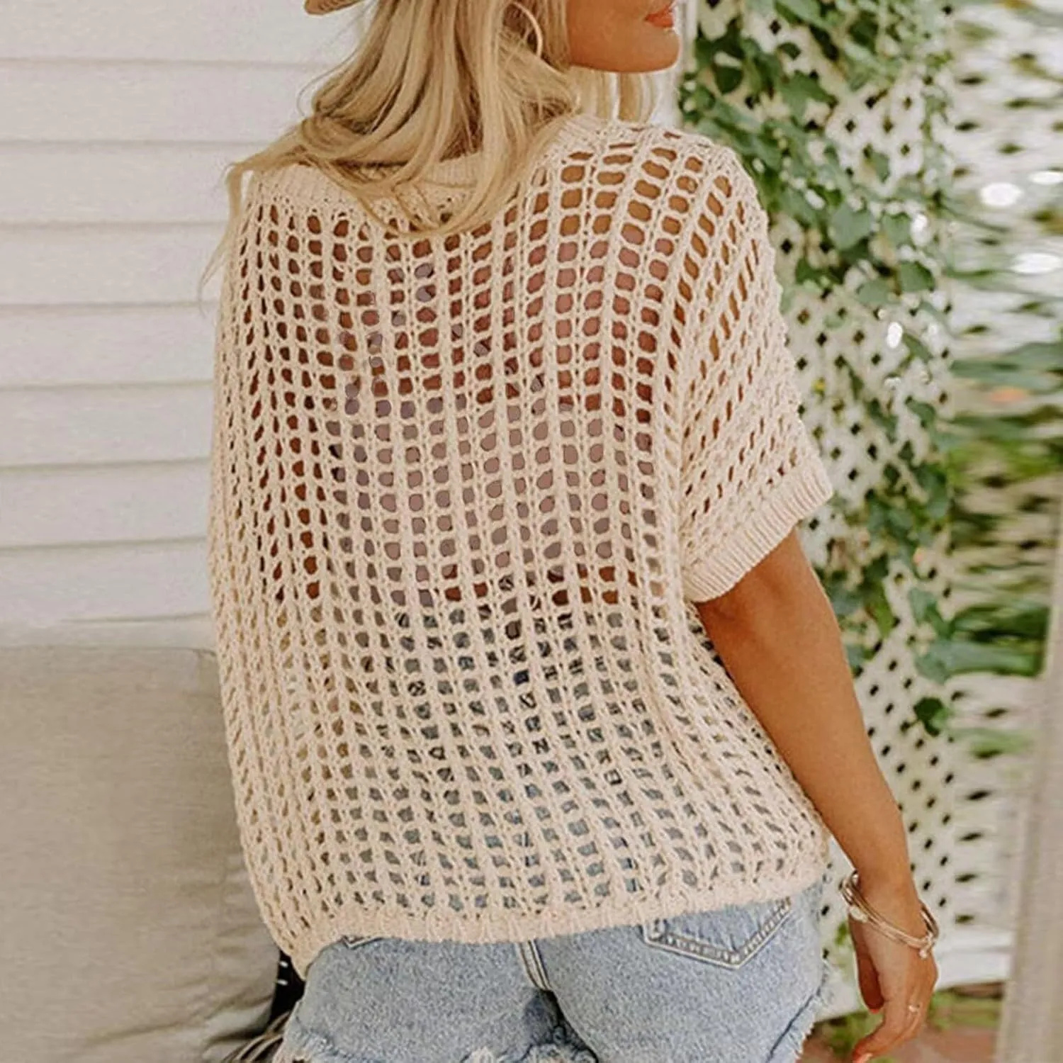 Crochet Tops for Women Summer Scoop Neck Off Shoulder Sweater Beach Coverup Short Sleeve Hollow Out Knit Pullover Top
