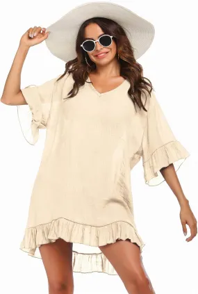 Ekouaer Womens Swimsuit Coverup V Neck Bathing Suit Beach Dress Sexy Ruffle Sleeves Bikini Cover Up Loose Top XS-3XL