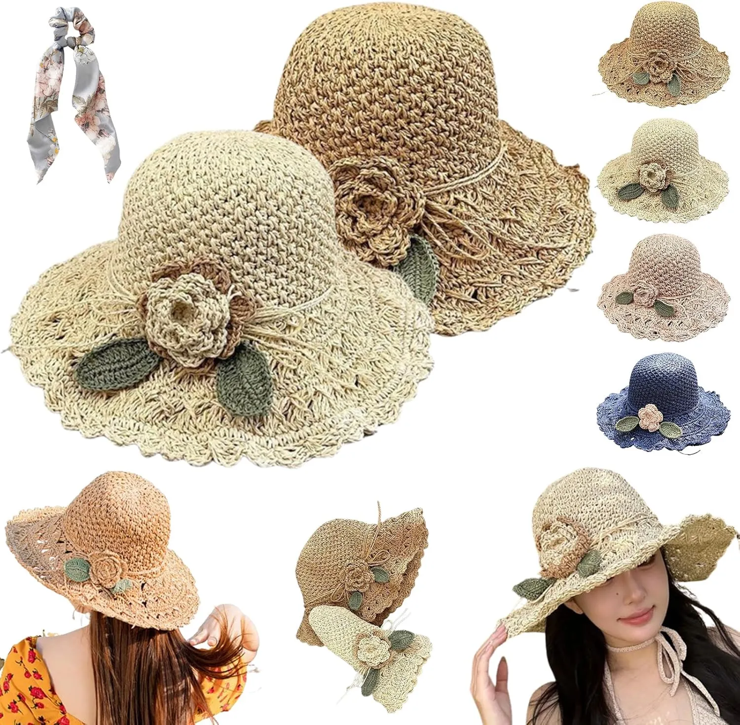 Elegant Crochet Straw Hat with Ruffle Detail, Foldable Womens Summer Beach Straw Cap, UV Protection Wide Brim Sun Hat