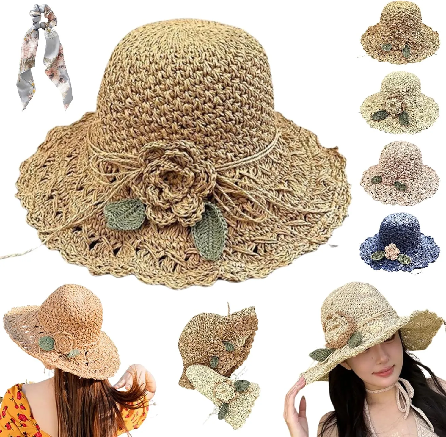 Elegant Crochet Straw Hat with Ruffle Detail, Foldable Womens Summer Beach Straw Cap, UV Protection Wide Brim Sun Hat