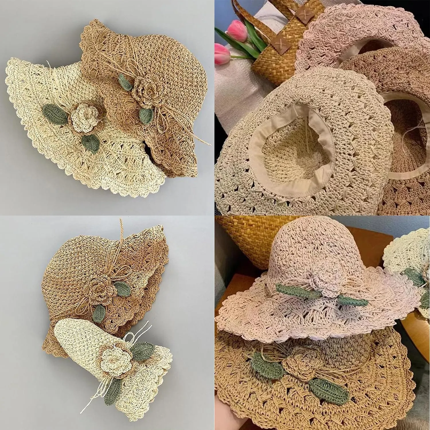 Elegant Crochet Straw Hat with Ruffle Detail, Foldable Womens Summer Beach Straw Cap, UV Protection Wide Brim Sun Hat