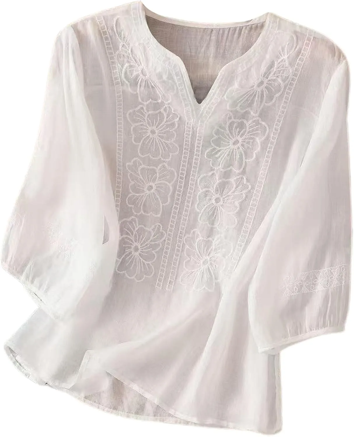 Embroidered Floral Boho Ethnic Tee Cotton Linen Tshirt Women 3/4 Sleeve V Neck Button Flowy Soft Loose Tops