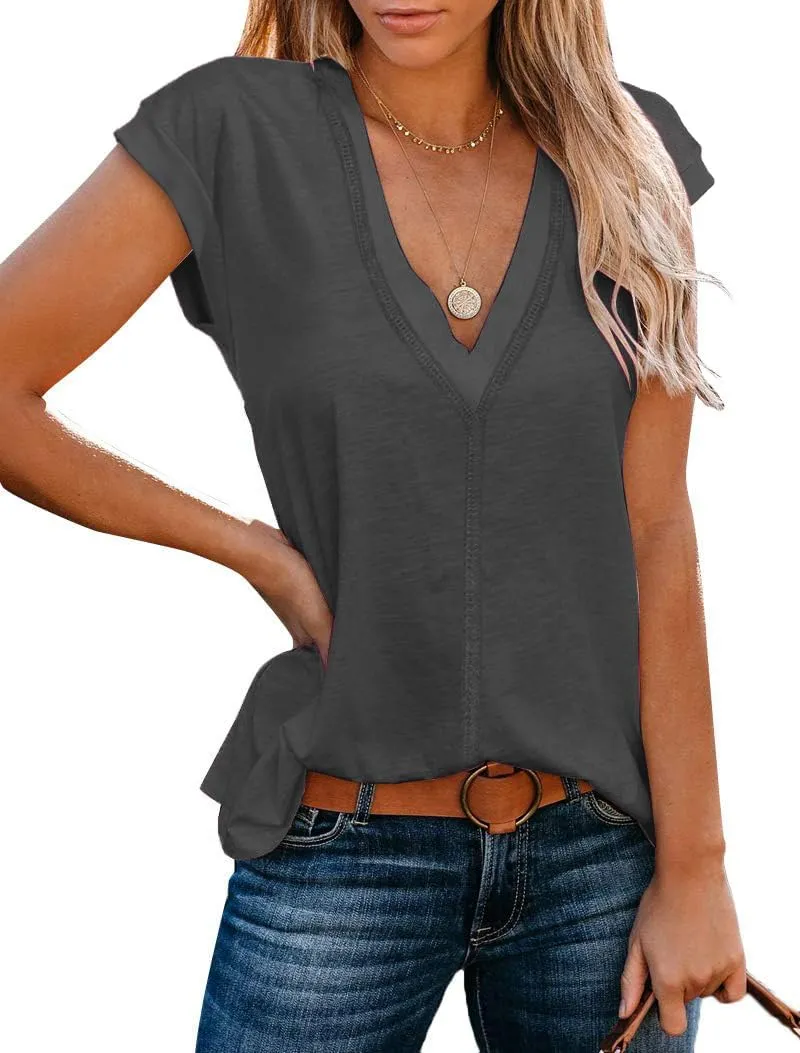 Famulily Cute Cap Sleeve Deep V Neck Tee Shirts Basic Casual Loose Summer Tops for Women