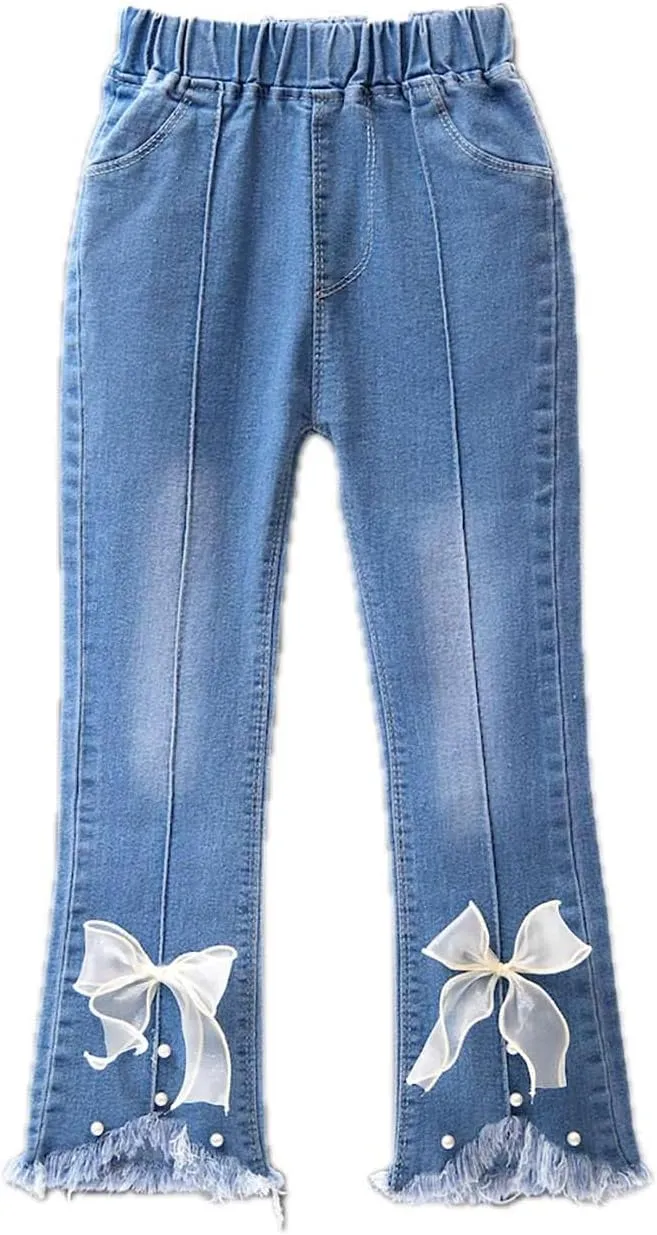 Girls Flare Jeans Elastic Waist Jeans Solid Stretchy Denim Pants