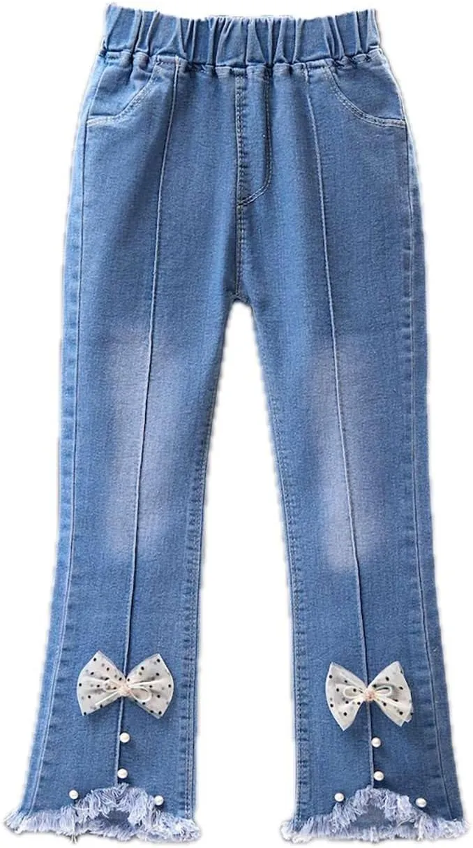 Girls Flare Jeans Elastic Waist Jeans Solid Stretchy Denim Pants