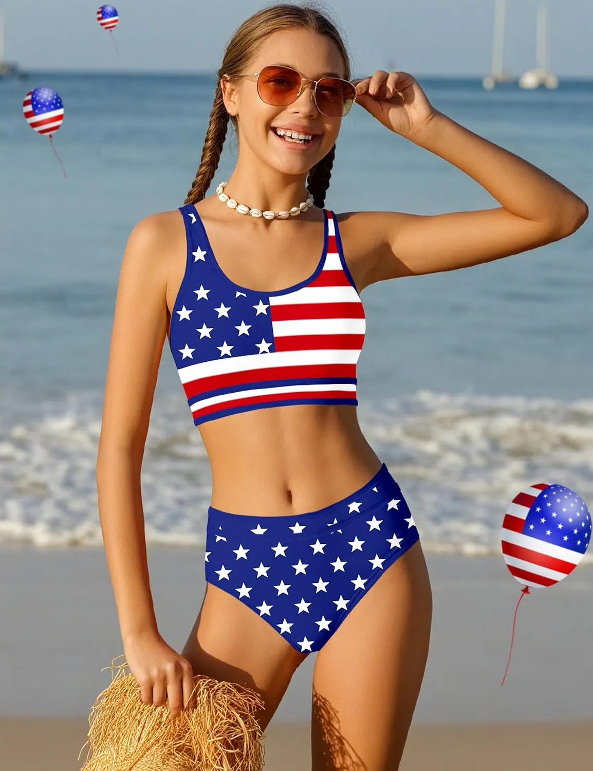 Girls Swimsuit Double Strap High Waist Sporty Bikini Swimsuits Swim Cover Up Skirt 3 Piece Set