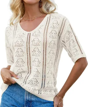 GRACE KARIN Women 2025 Summer Casual Crochet Tops Short Sleeve Sweater V Neck Hollow Out Knit Pullover Beach Coverup