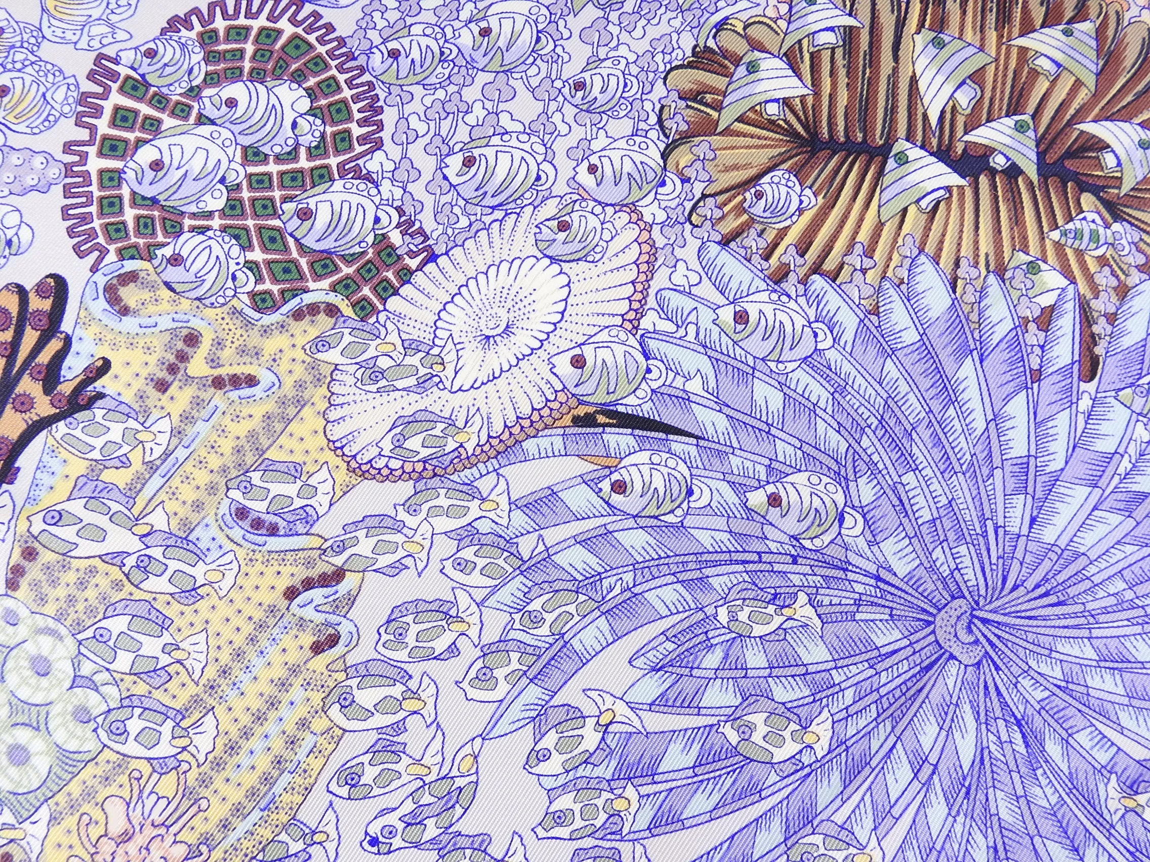 Hermes Rencontre Ocean Light Purple Fish Silk 90cm Scarf