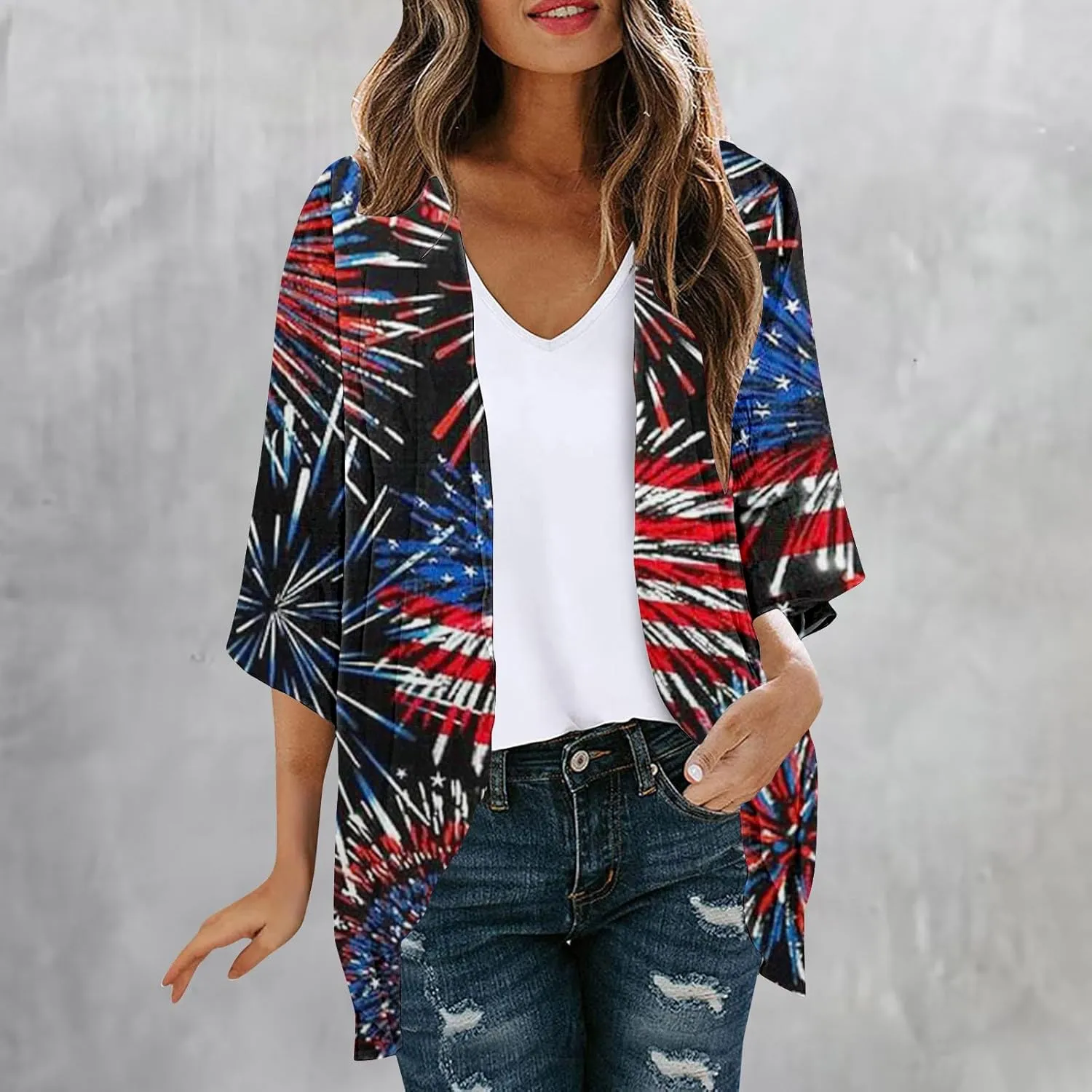 Independence Day Kimonos for Women Lightweight Cardigans American Flag Print 100% Polyester Blouse Tops Summer Beachwear
