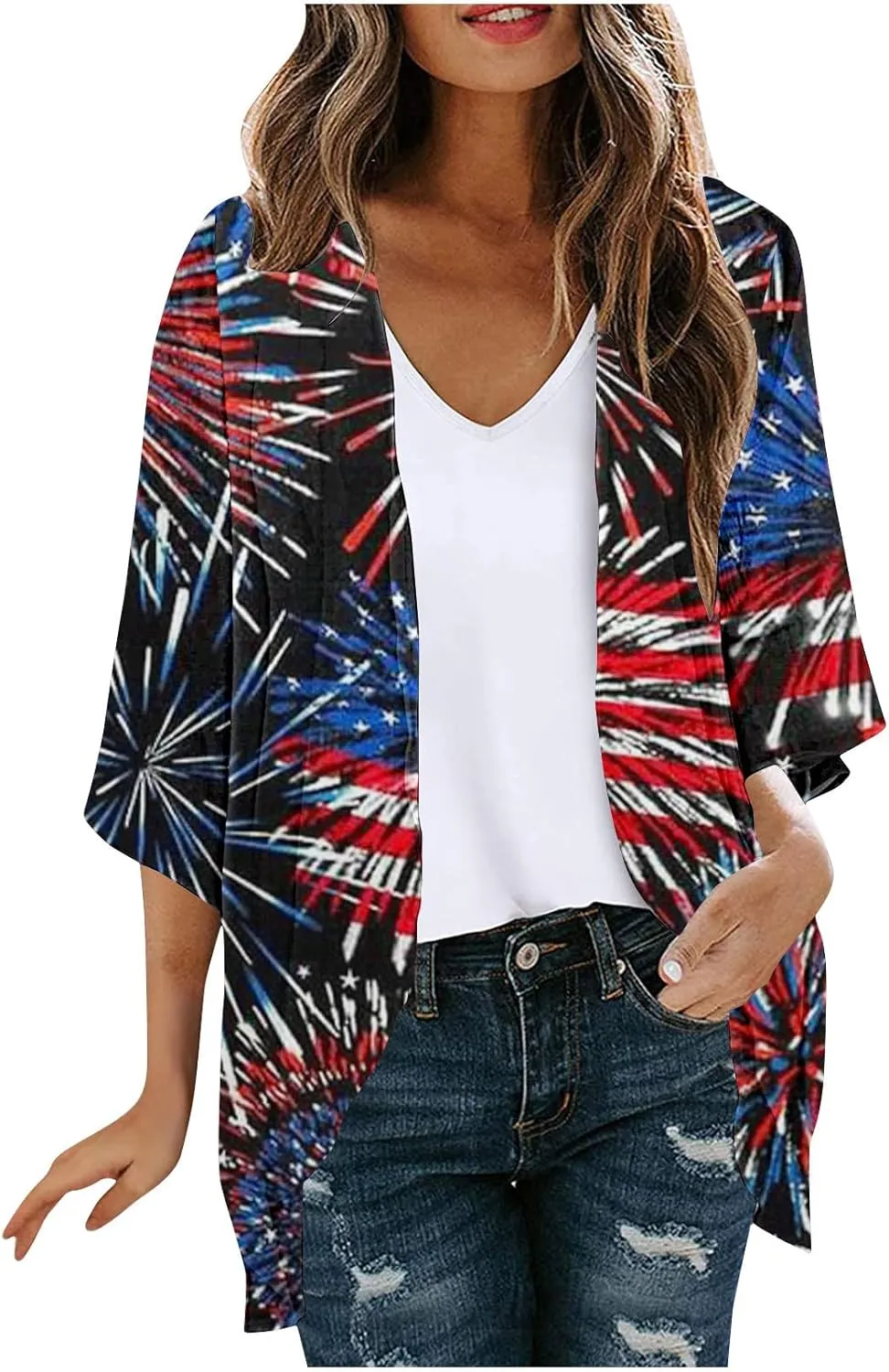 Independence Day Kimonos for Women Lightweight Cardigans American Flag Print 100% Polyester Blouse Tops Summer Beachwear