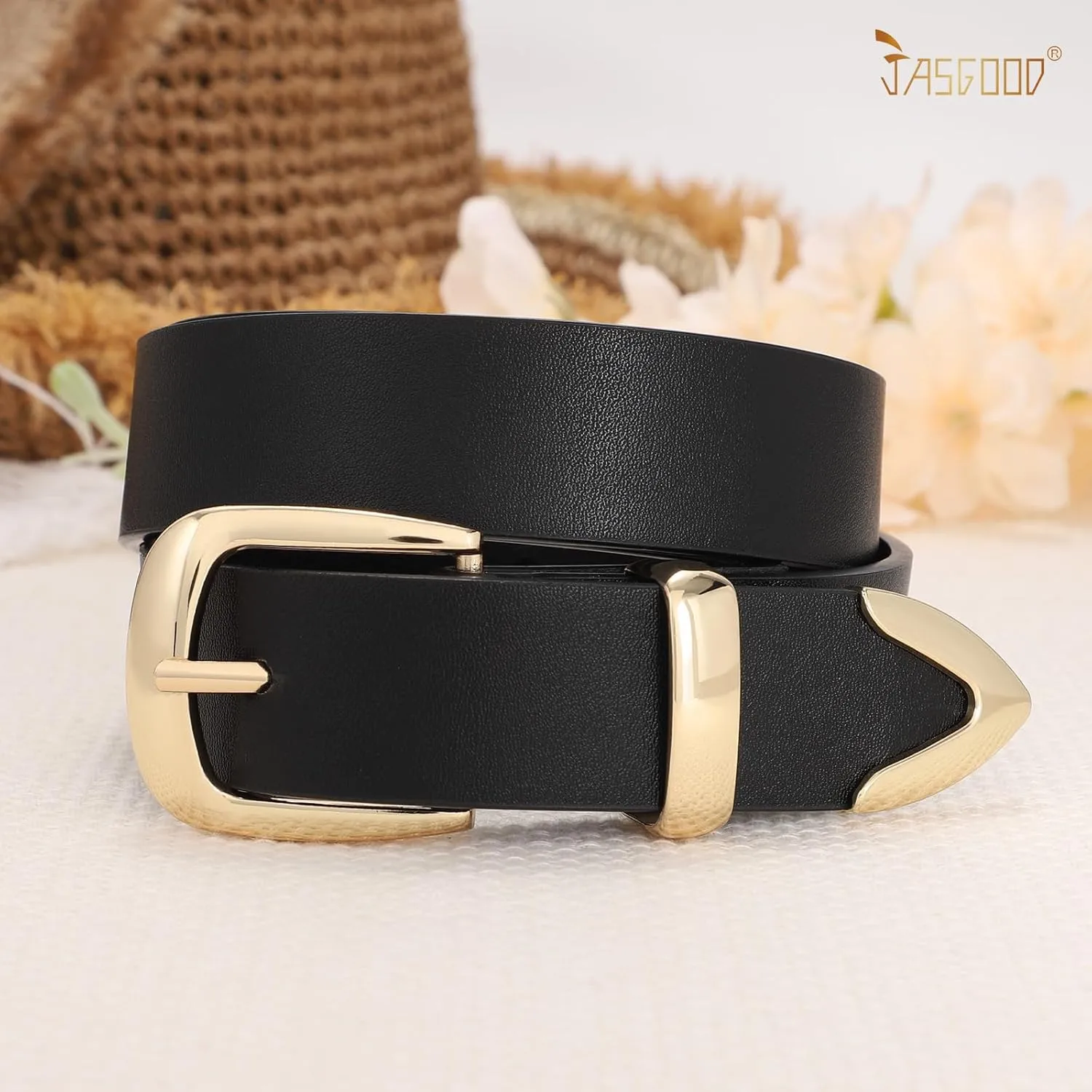 JASGOOD Women's Fashion Leather Belt Ladies Gold Buckle Leather Belt for Jeans Pants Dresses