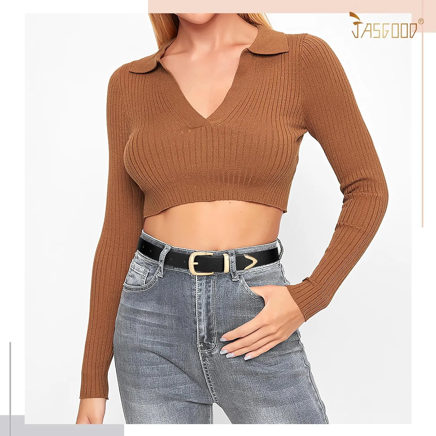 JASGOOD Women's Fashion Leather Belt Ladies Gold Buckle Leather Belt for Jeans Pants Dresses