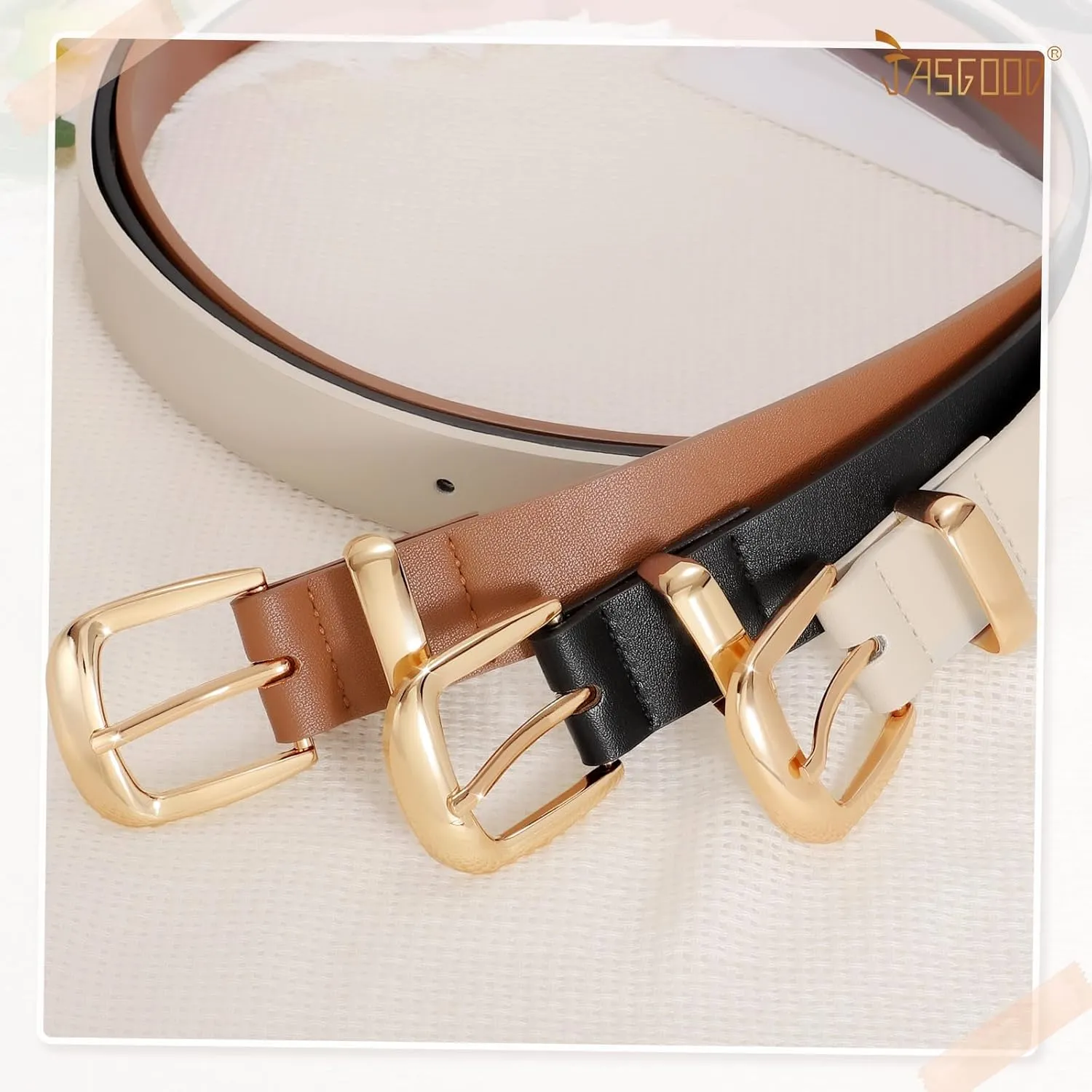JASGOOD Women's Fashion Leather Belt Ladies Gold Buckle Leather Belt for Jeans Pants Dresses