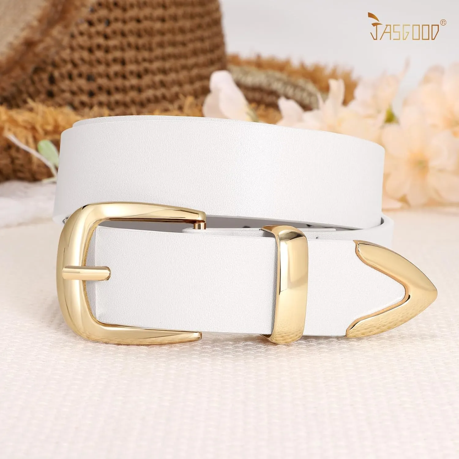 JASGOOD Women's Fashion Leather Belt Ladies Gold Buckle Leather Belt for Jeans Pants Dresses