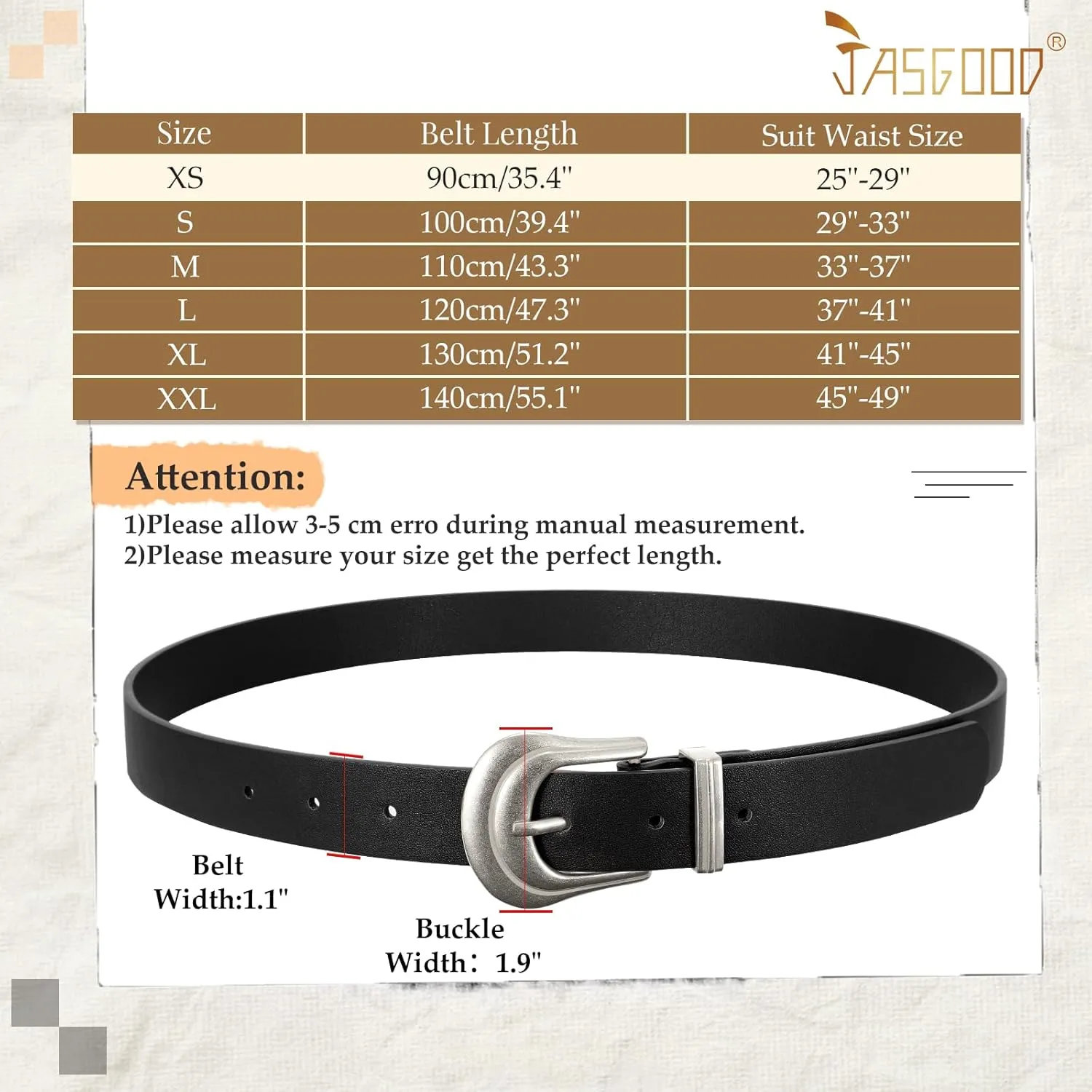 JASGOOD Women's Western Belt Vintage Black Leather Waist Belt for Pants Jeans with Gold Buckle