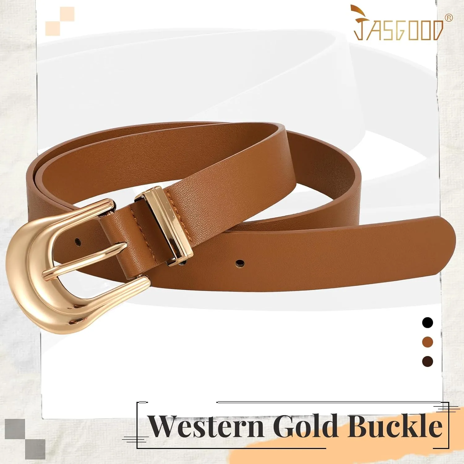 JASGOOD Women's Western Belt Vintage Black Leather Waist Belt for Pants Jeans with Gold Buckle