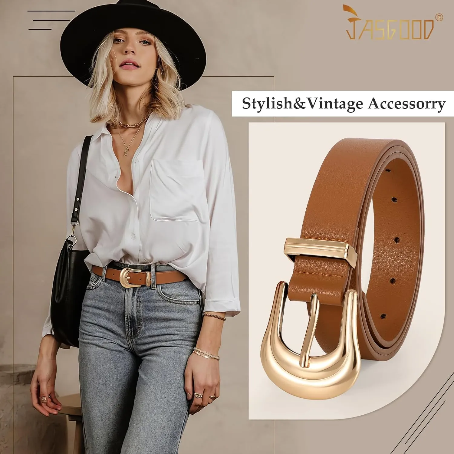 JASGOOD Women's Western Belt Vintage Black Leather Waist Belt for Pants Jeans with Gold Buckle