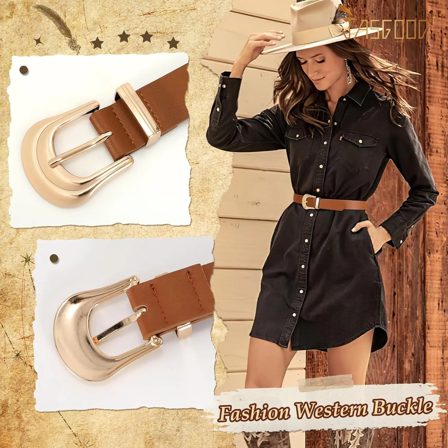 JASGOOD Women's Western Belt Vintage Black Leather Waist Belt for Pants Jeans with Gold Buckle