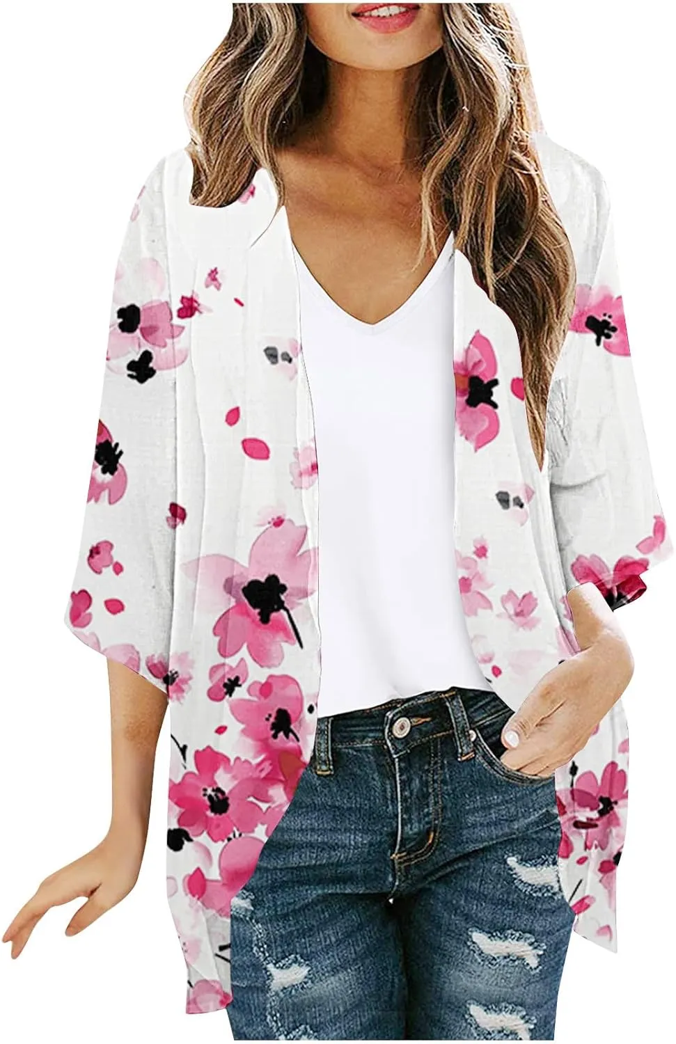 Kimono Cardigans for Women Beach Cover Ups Floral Print Bathing Suit Coverups Plus Size Chiffon Swimsuit Cover Up Top