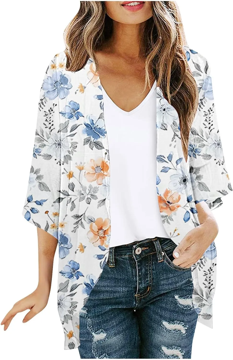 Kimono Cardigans for Women Beach Cover Ups Floral Print Bathing Suit Coverups Plus Size Chiffon Swimsuit Cover Up Top