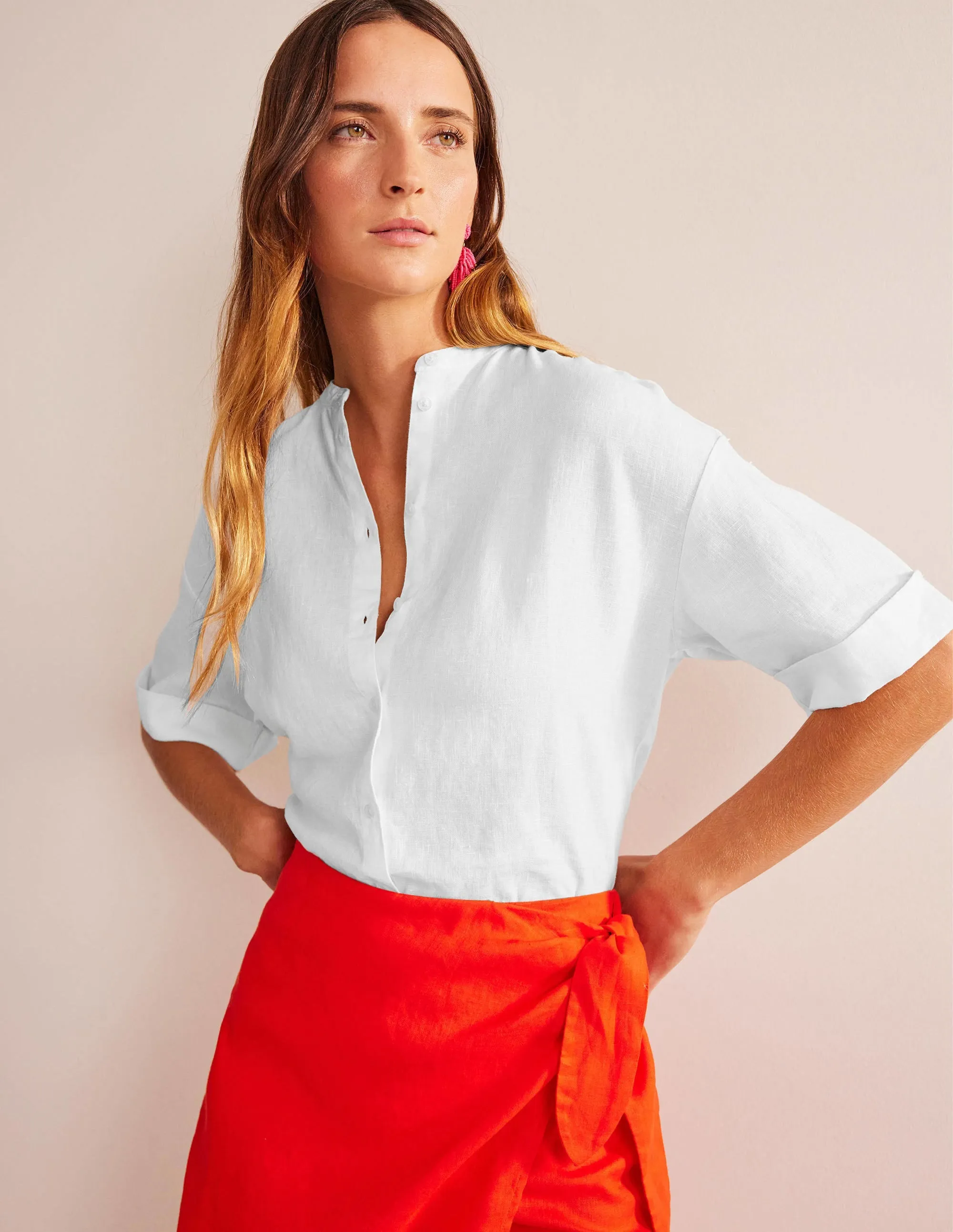 Kimono Sleeve Linen Shirt-White