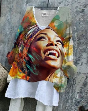 Laughing Black Woman Print Linen Blend Flowy Blouse