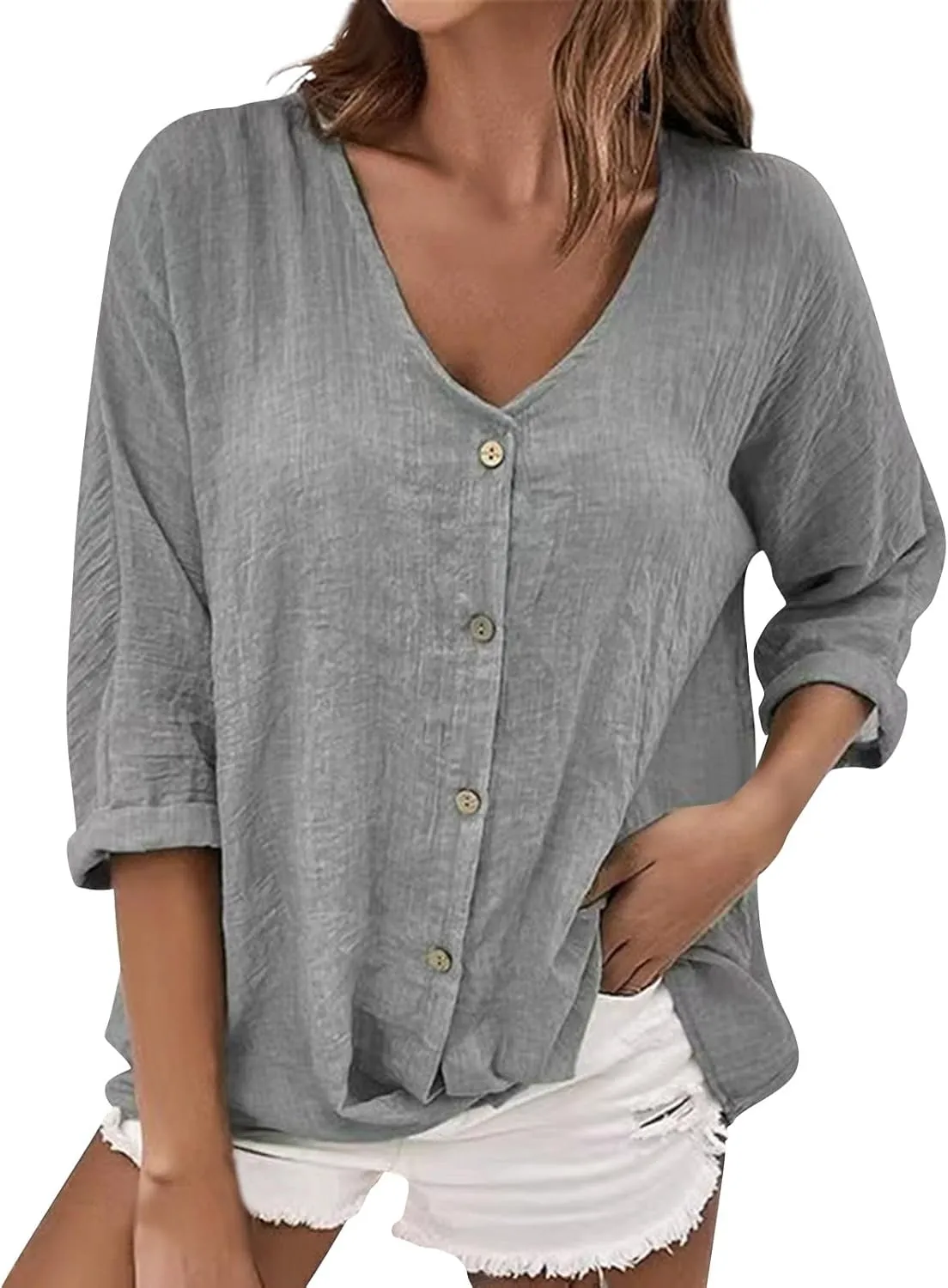 Linen Button Down Shirt Women V Neck 3/4 Sleeve Tops Summer Work Boho Plus Size Tunics Elegant Dressy Casual Blouses