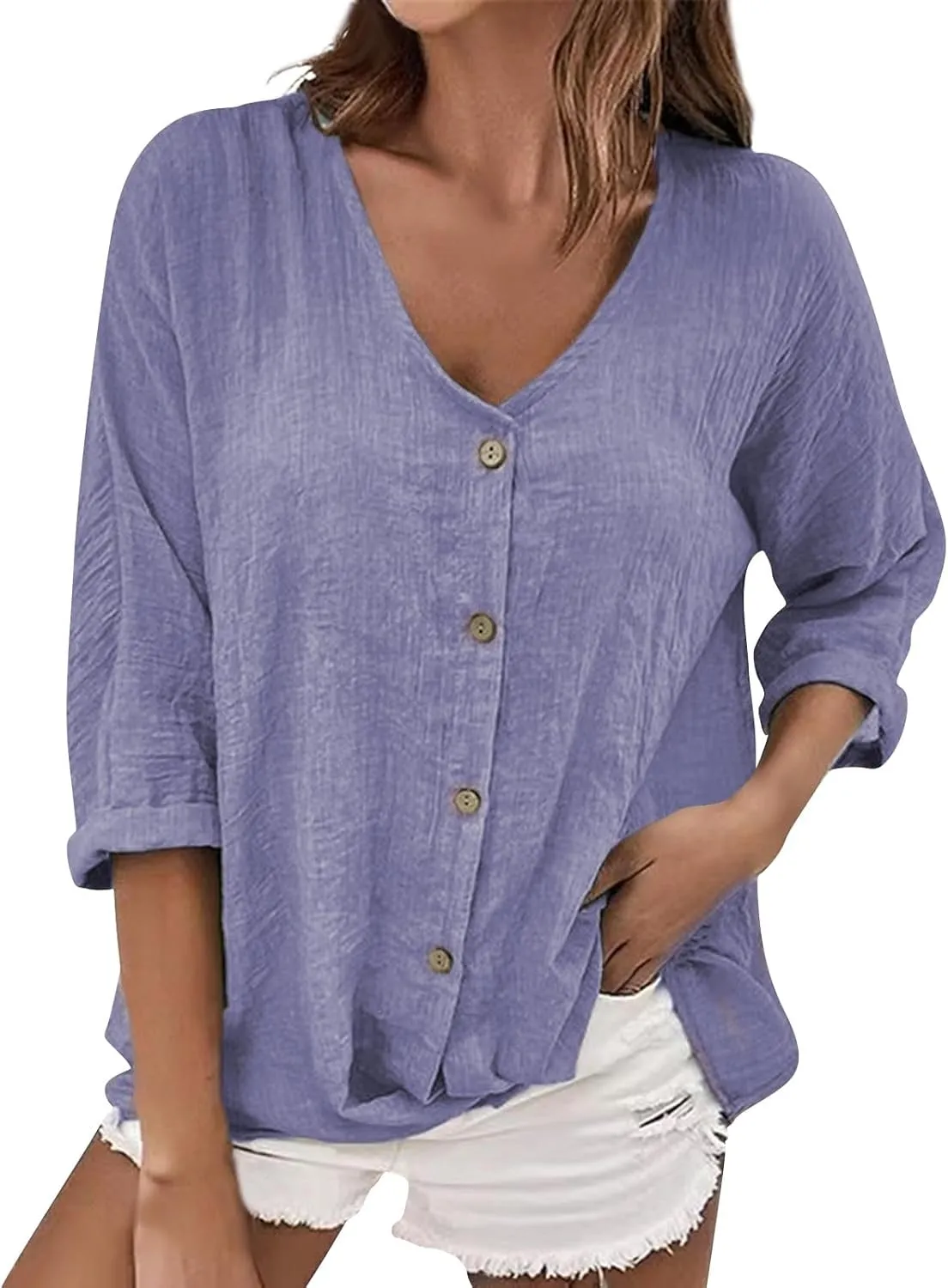 Linen Button Down Shirt Women V Neck 3/4 Sleeve Tops Summer Work Boho Plus Size Tunics Elegant Dressy Casual Blouses