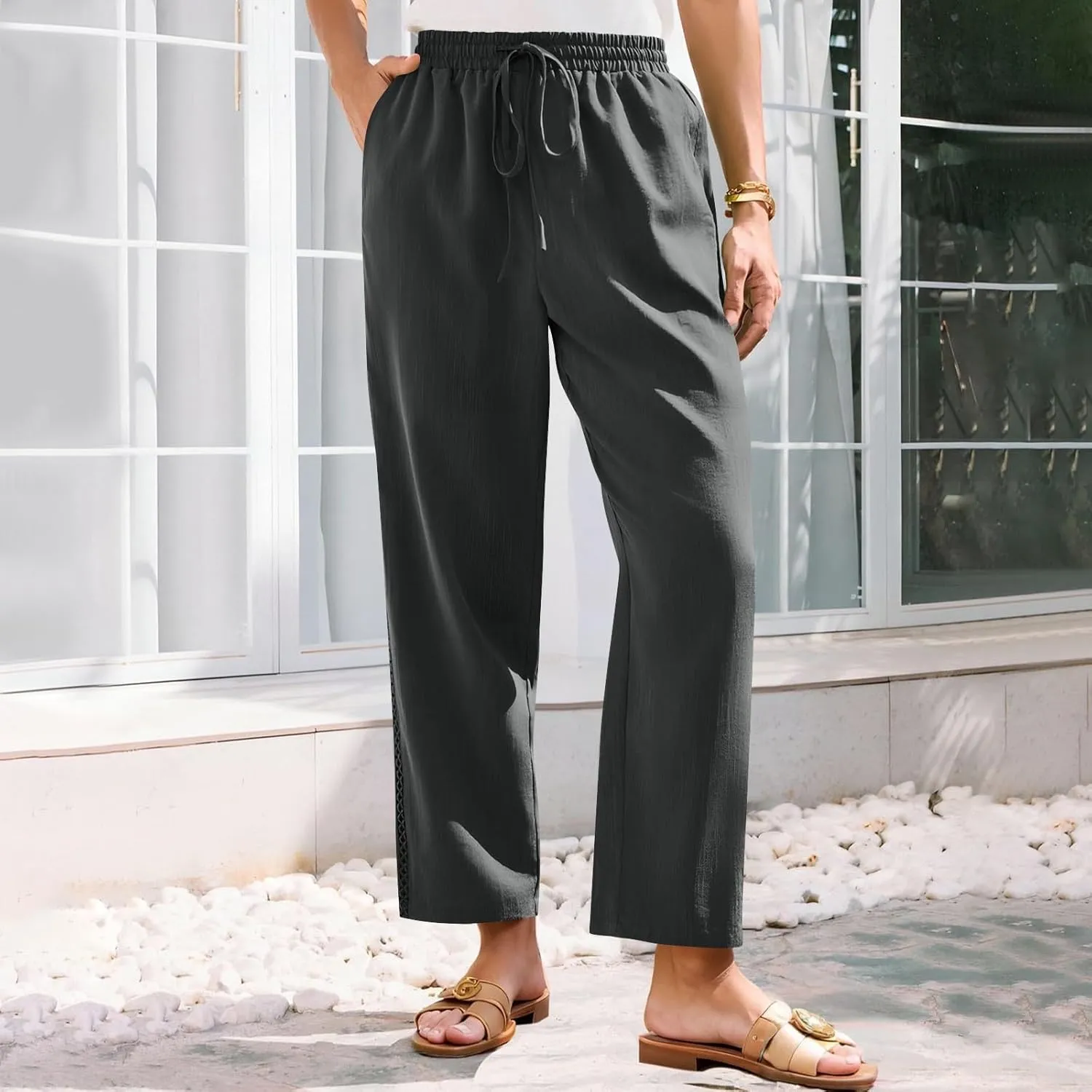 Linen Pants for Women Summer Casual Loose Lightweight Drawstring Waisted Elastic Lace Trousers with Pockets