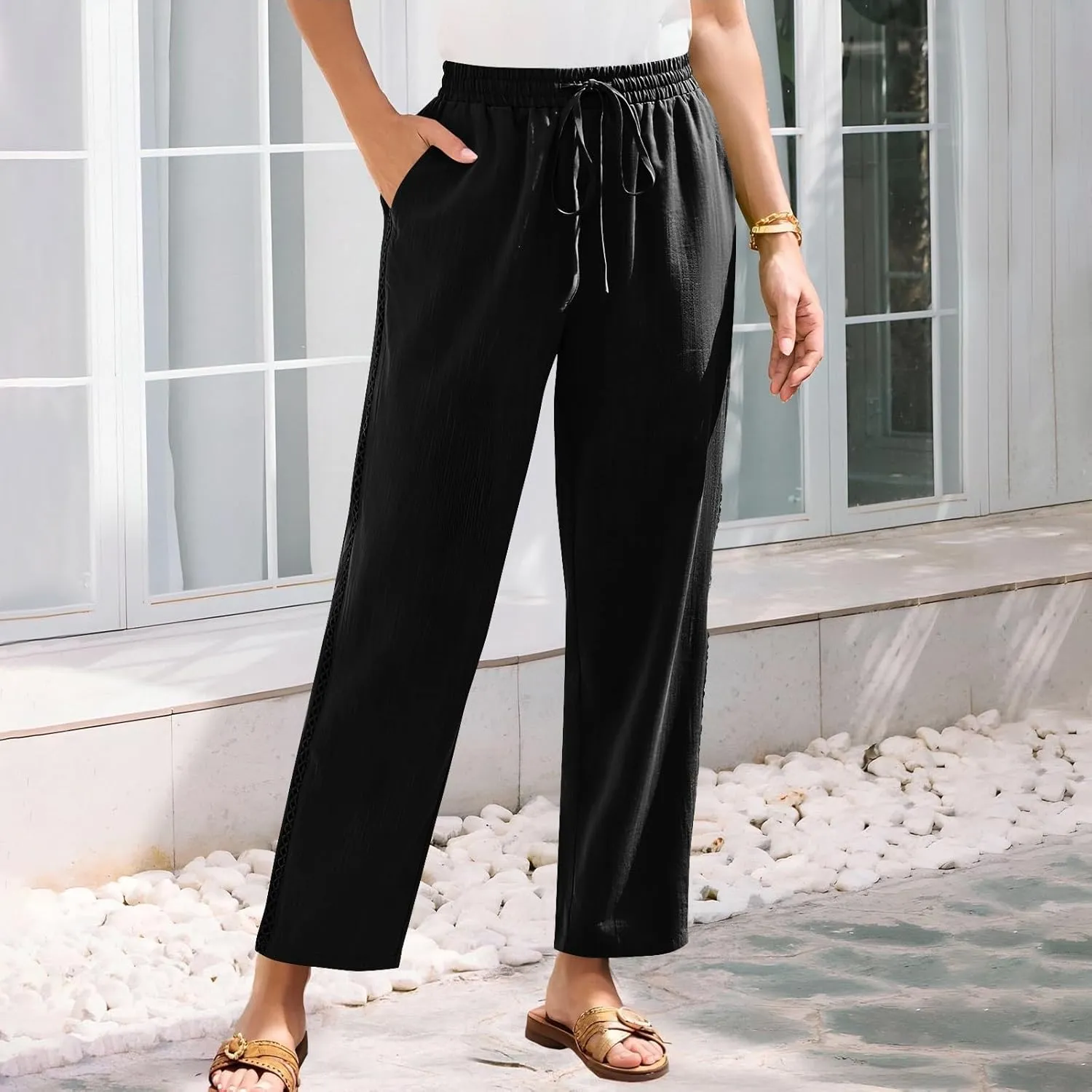 Linen Pants for Women Summer Casual Loose Lightweight Drawstring Waisted Elastic Lace Trousers with Pockets