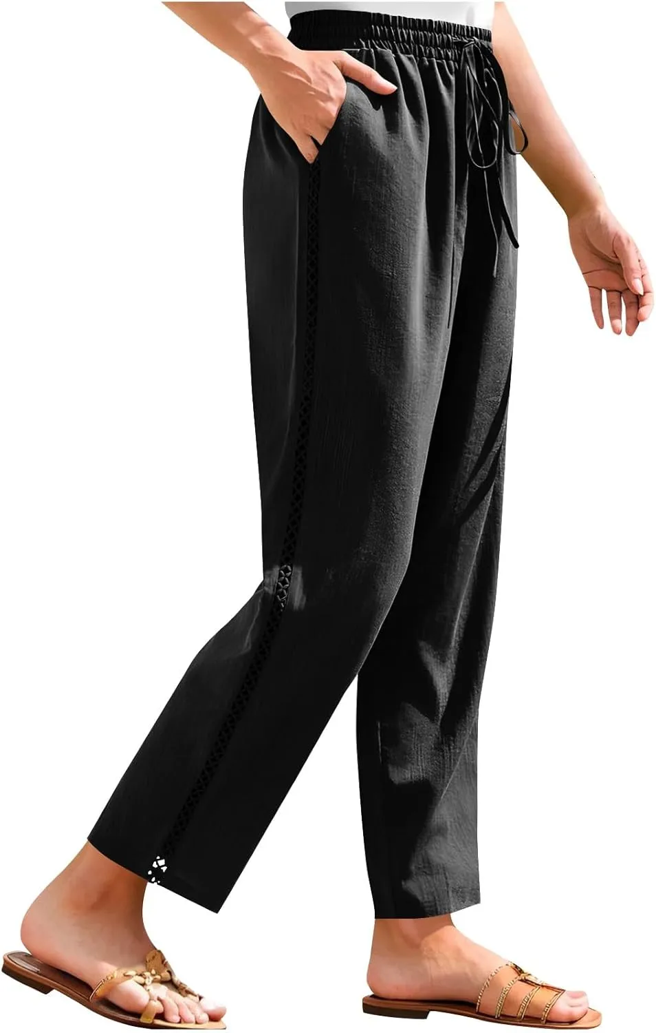 Linen Pants for Women Summer Casual Loose Lightweight Drawstring Waisted Elastic Lace Trousers with Pockets