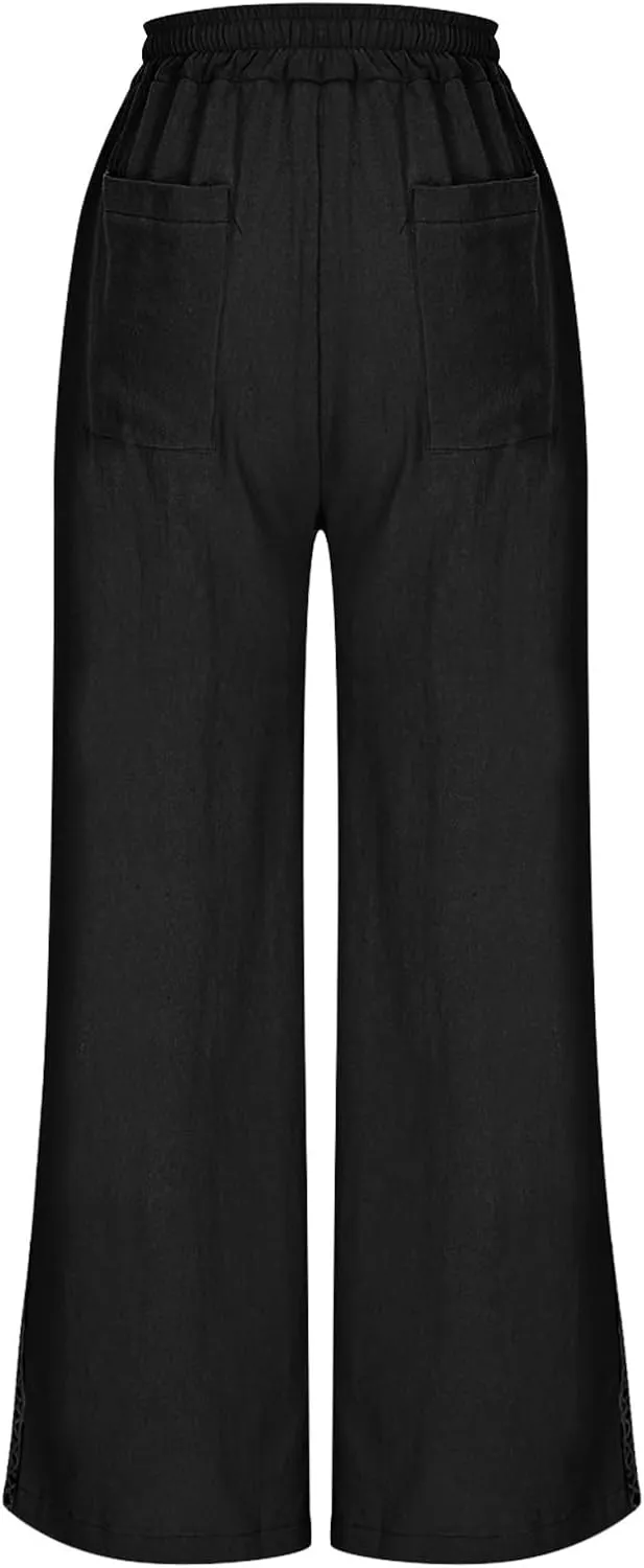 Linen Pants for Women Summer Casual Loose Lightweight Drawstring Waisted Elastic Lace Trousers with Pockets