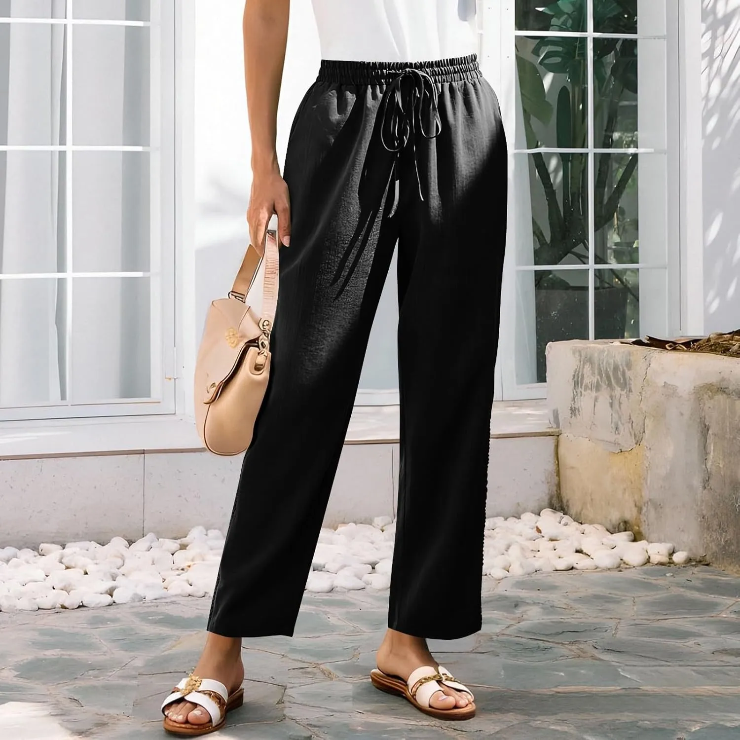 Linen Pants for Women Summer Casual Loose Lightweight Drawstring Waisted Elastic Lace Trousers with Pockets