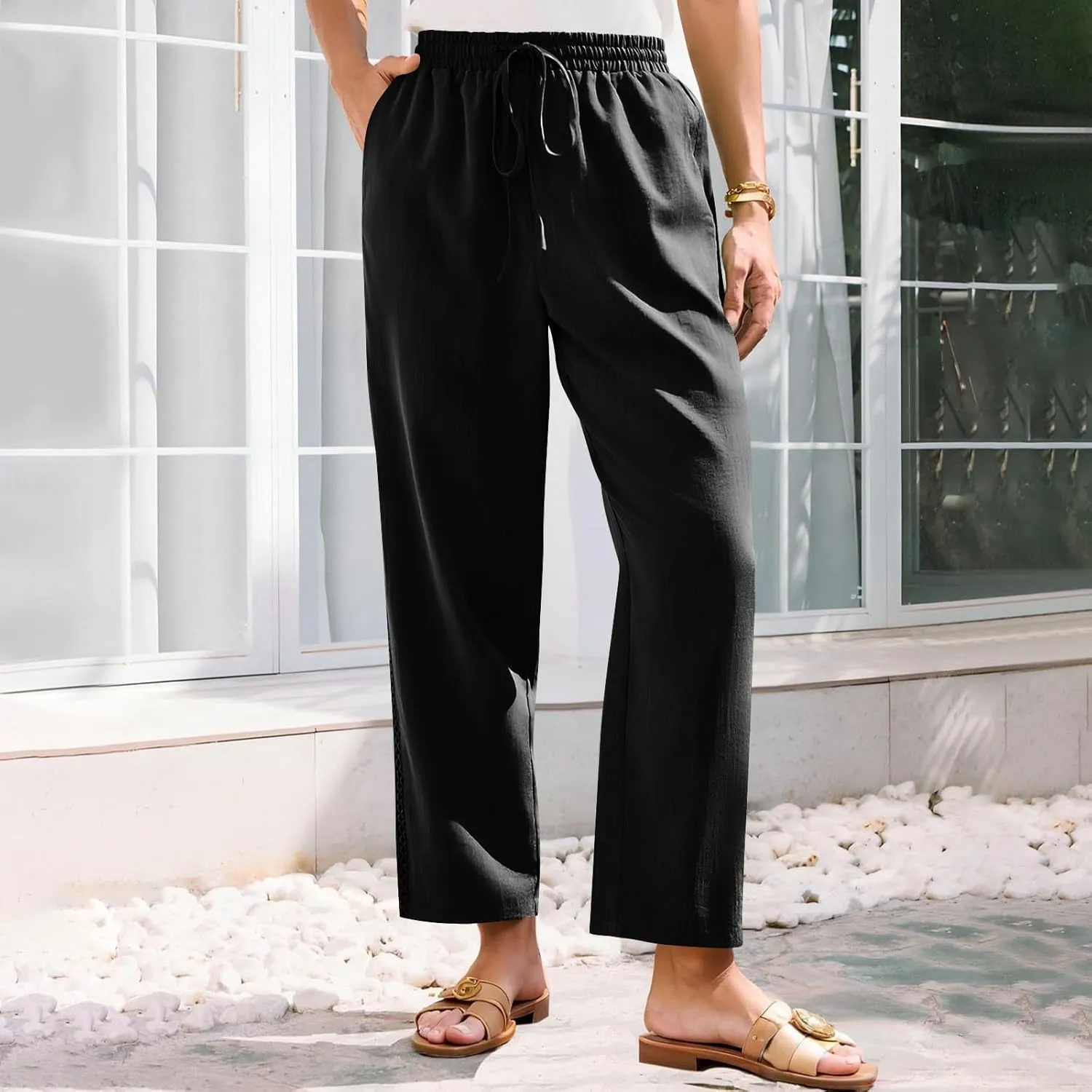 Linen Pants for Women Summer Casual Loose Lightweight Drawstring Waisted Elastic Lace Trousers with Pockets