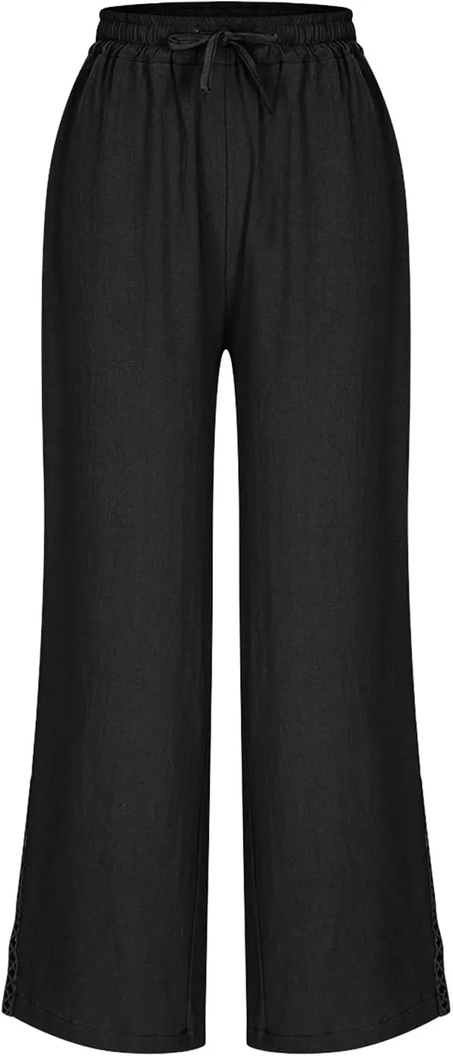 Linen Pants for Women Summer Casual Loose Lightweight Drawstring Waisted Elastic Lace Trousers with Pockets